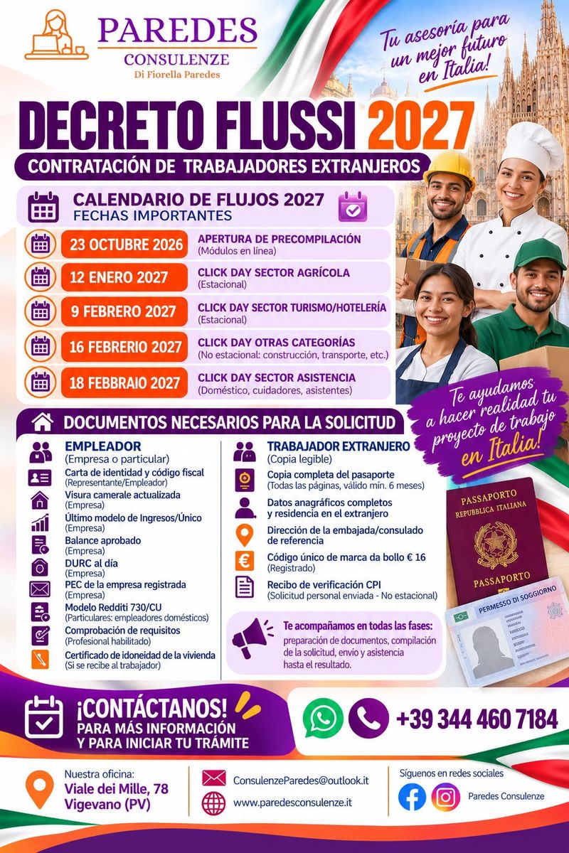 Locandina Decreto Flussi 2027: calendario dei click day e documenti necessari per assumere lavoratori stranieri
