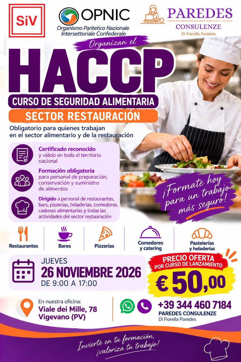 Locandina Corso HACCP di sicurezza alimentare, giovedì 26 novembre 2026, dalle 9:00 alle 17:00