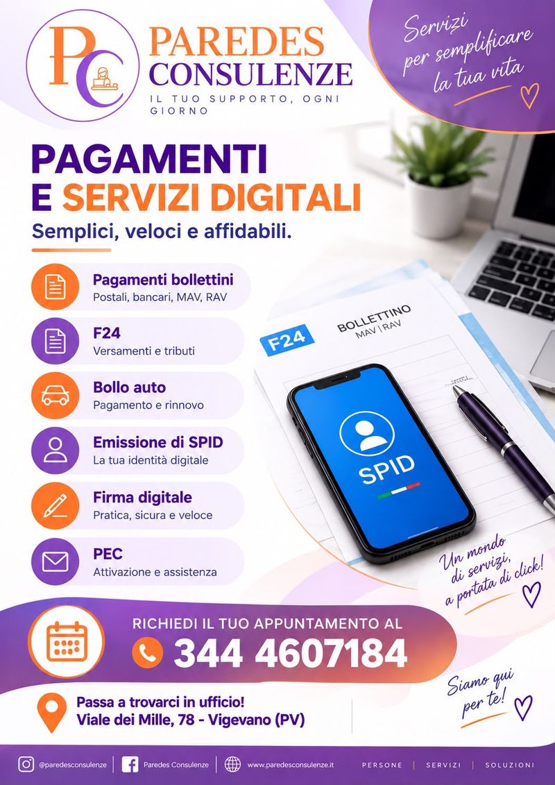 Locandina Pagamenti e servizi digitali: bollettini, F24, bollo auto, SPID, firma digitale, PEC