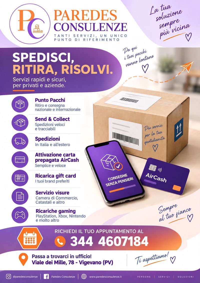 Locandina Spedizioni: punto pacchi, Send & Collect, carta AirCash, gift card, visure, ricariche gaming