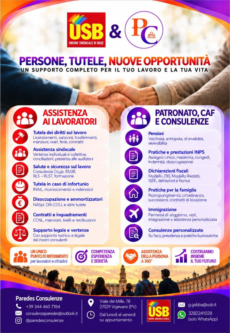 Locandina USB e Paredes Consulenze: assistenza ai lavoratori, patronato, CAF e consulenze