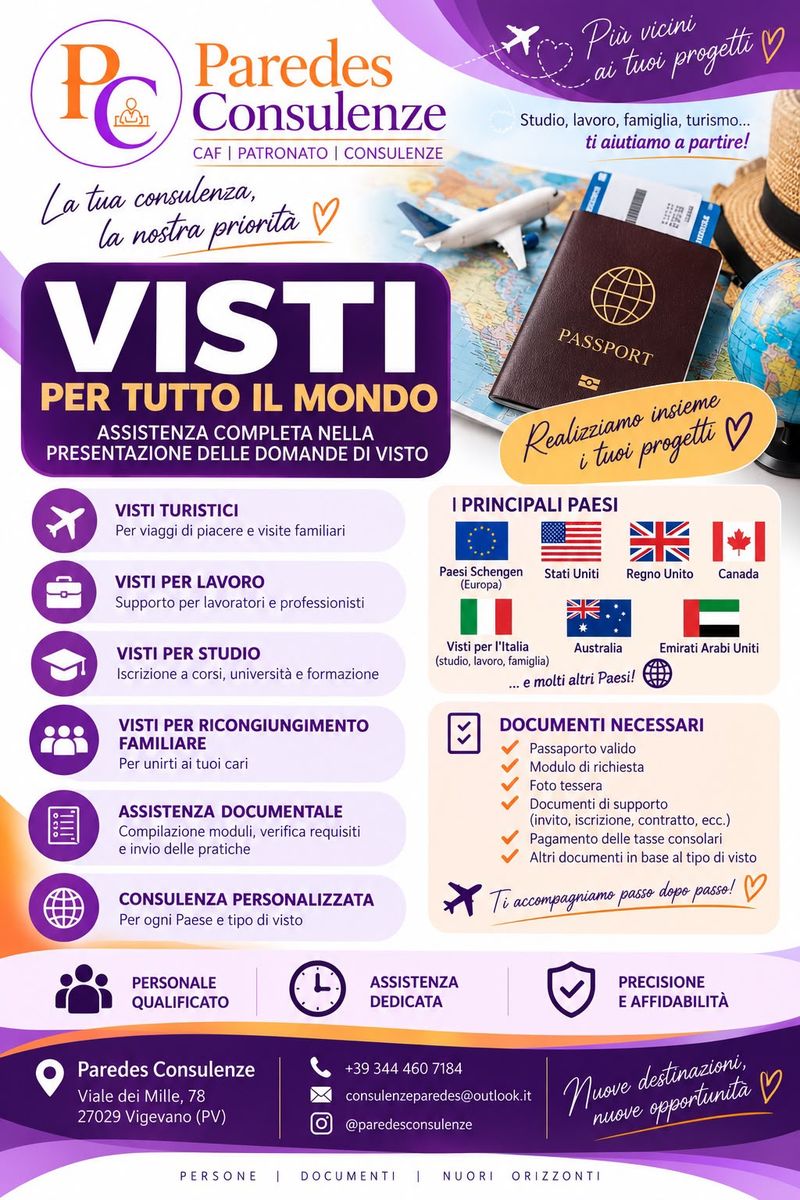 Locandina Visti: turistici, per lavoro, per studio, ricongiungimento familiare e assistenza documentale